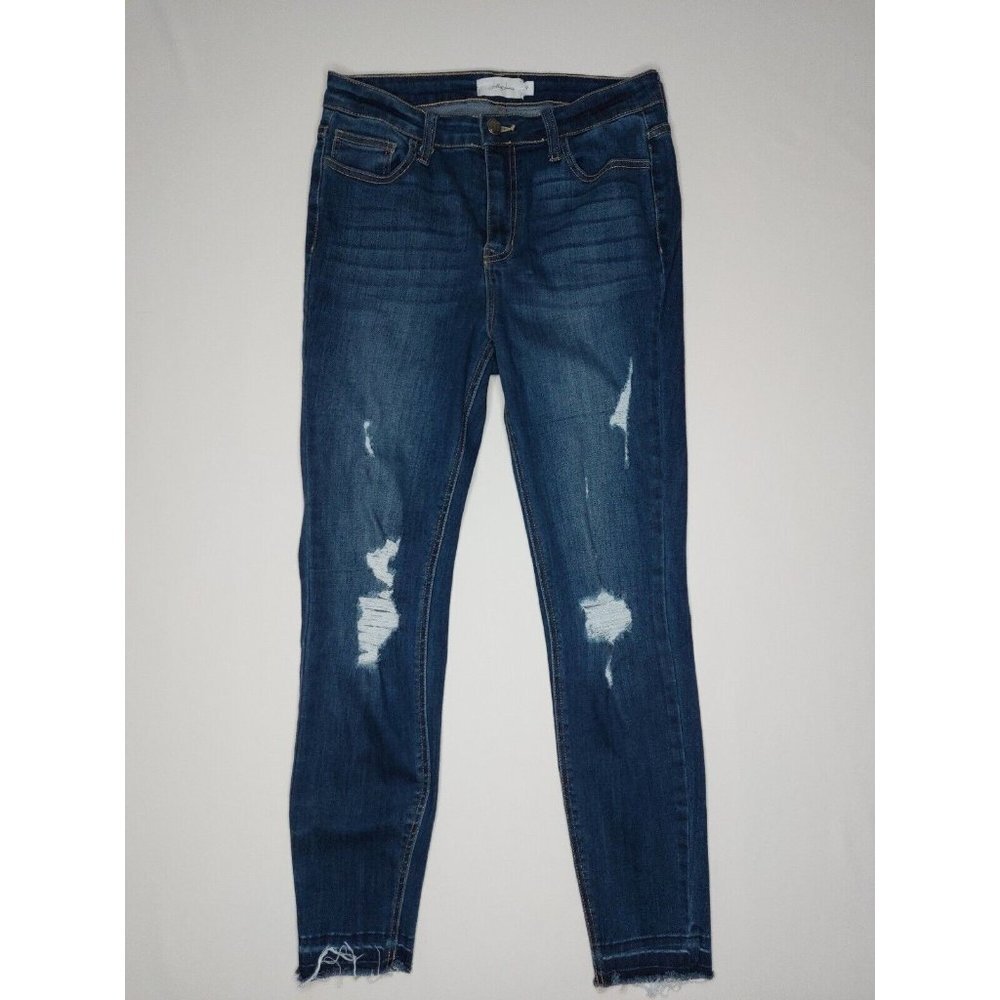 Jelly Jeans Womens Juniors Size 9 Dark Blue Distressed Denim Jeans Raw Hem - Picture 1 of 16